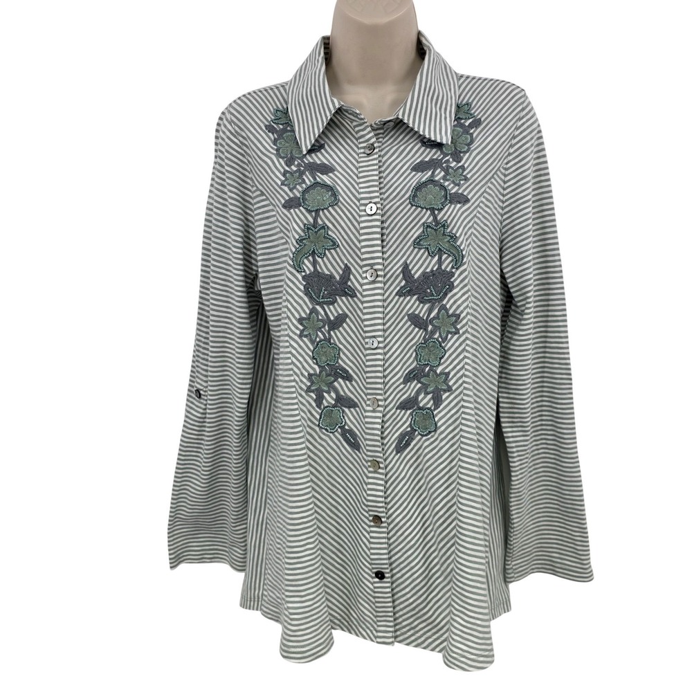 Soft Surroundings Seafoam Green Top Women M Striped Embroidered Boho Festival